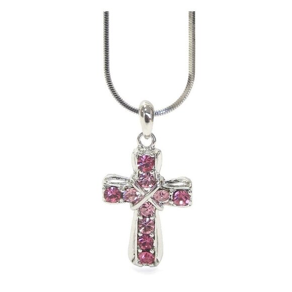Womens Girls Pink Small Opaline Rainbow Clear Cross Snake Chain Necklace - Picture 1 of 3